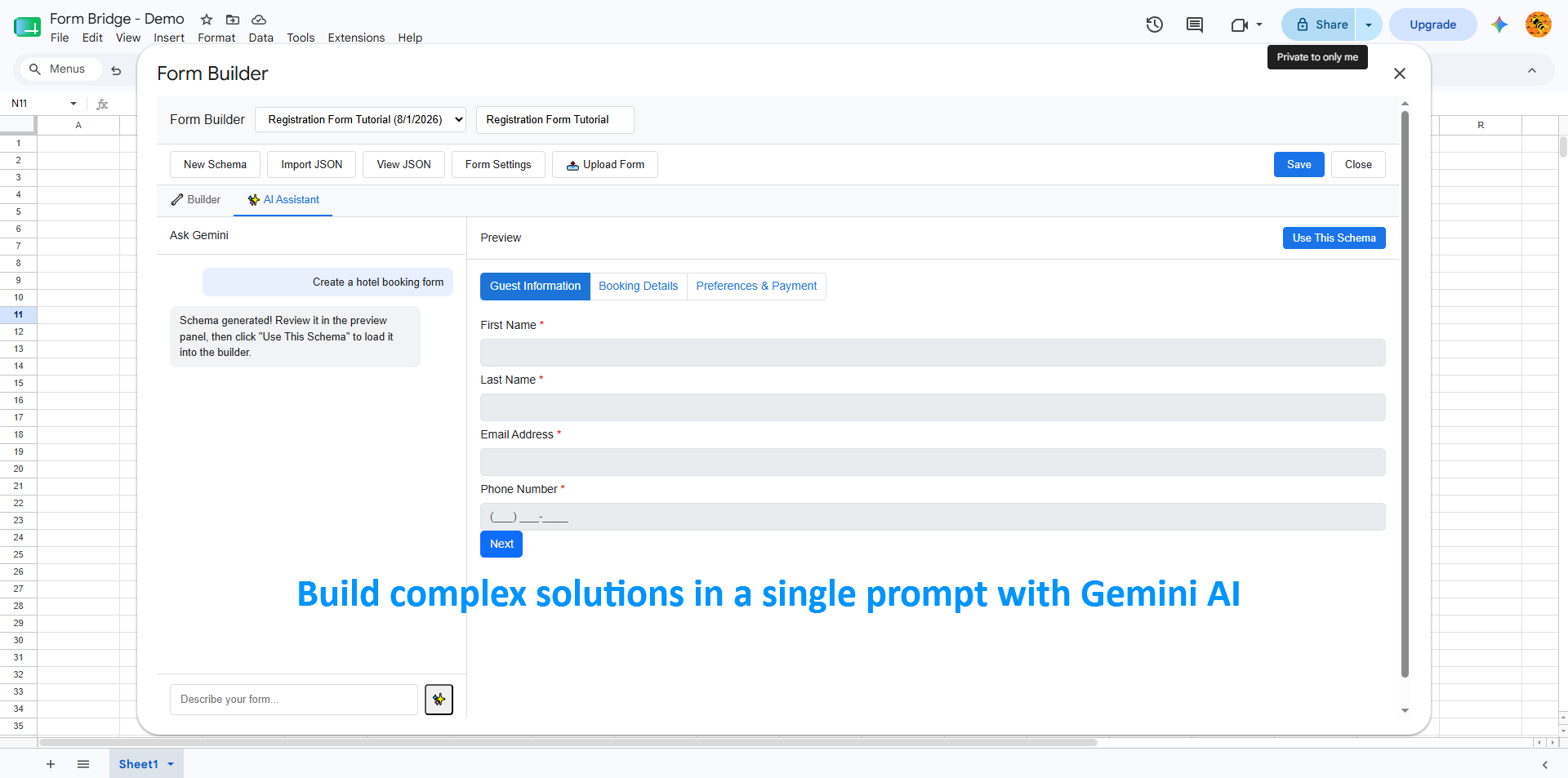 AI Form Builder generating a schema from a natural language prompt